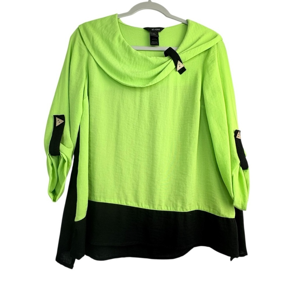 Ali Miles Green Black Tunic Top PS Cowl Neck Rayon Contrast Trim Artsy Boho